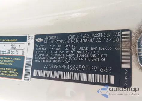 2009 Mini Cooper S Clubman from USA, damaged, VIN WMWMM33559TP91682